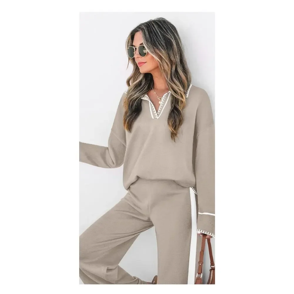 ZESICA Women's 2 Piece Fall Outfit Long Sleeve V Neck Knit Sweater Top & pants - Picture 3 of 13